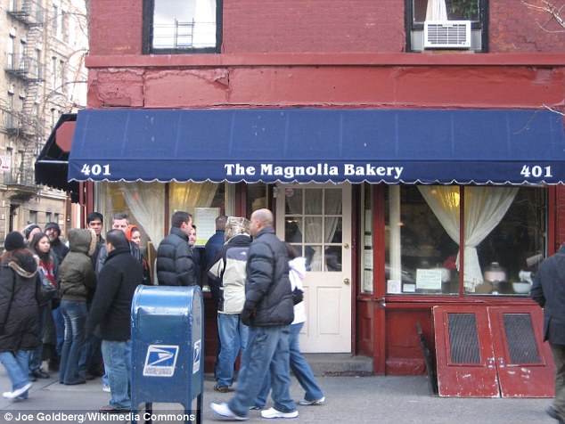 Keeping it simple: Their first date took place on a park bench outside Magnolia Bakery in New York's West Village (pictured), Liev recalled