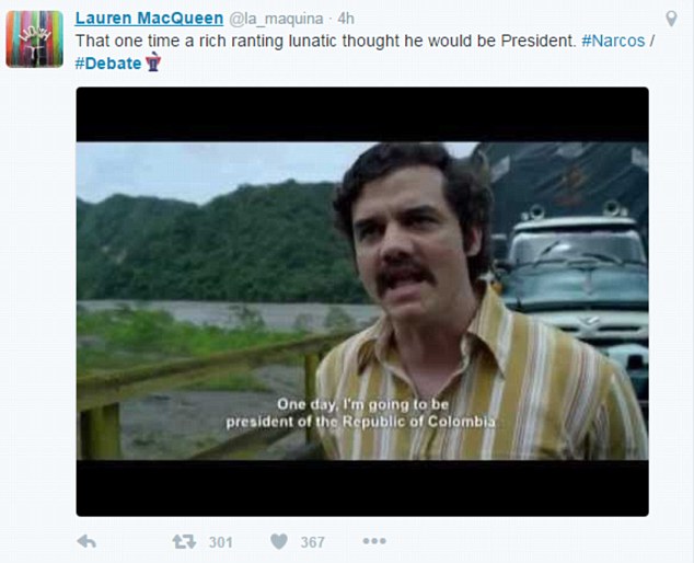 Lauren MacQueen posted an image from the hit Netflix show Narcos saying 'that one time a rich lunatic thought he would be President'
